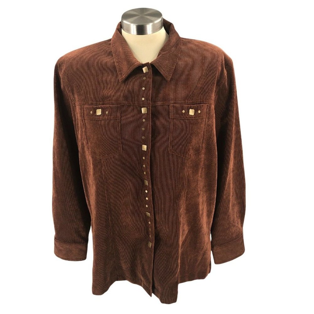 Tanjay Womens Button Up 14 Petite Brown Shirt Corduroy Shoulder Pads Snap Long S